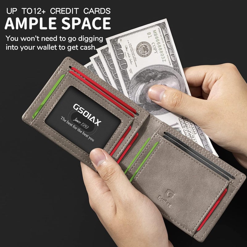 GSOIAX Slim Wallet for Men RFID Blocking Bifold Wallet Carbon Fiber Front Pocket Wallet with 11 Card Holder Minimalist Mens Wallet with Gift Box(Leather Grey) - Image 4